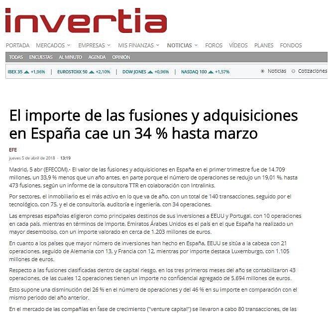 El importe de las fusiones y adquisiciones en Espaa cae un 34 % hasta marzo